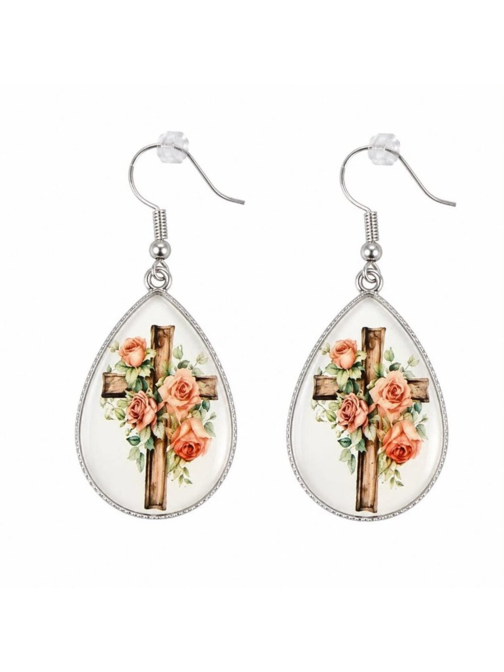 Floral Cross Teardrop Dangle Earrings
